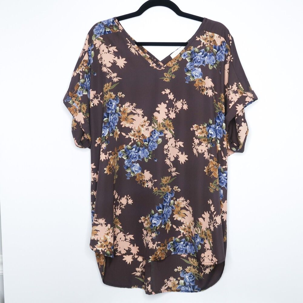 Kiki Larue Womens Blouse Plus Size 3X Brown‎ Pink Blue Floral V-neck Feminine